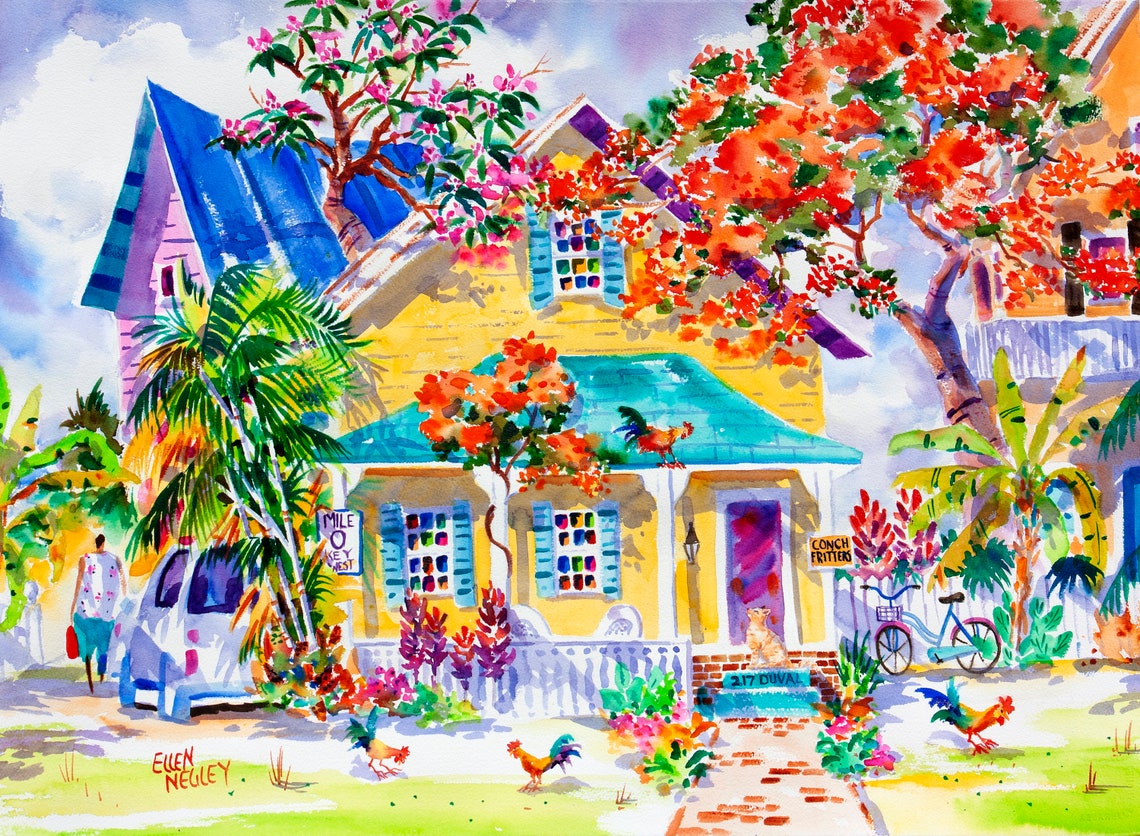 Key West Yellow Cottage with Roosters on Duval Street Corner Poster