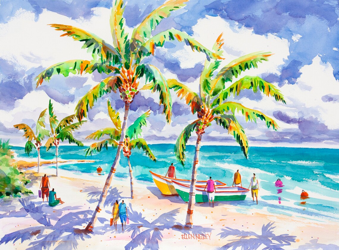 Key West Beach Watercolor, Tropical Palm Tree Art Print