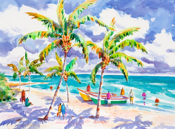 Key West Beach Watercolor, Tropical Palm Tree Art Print