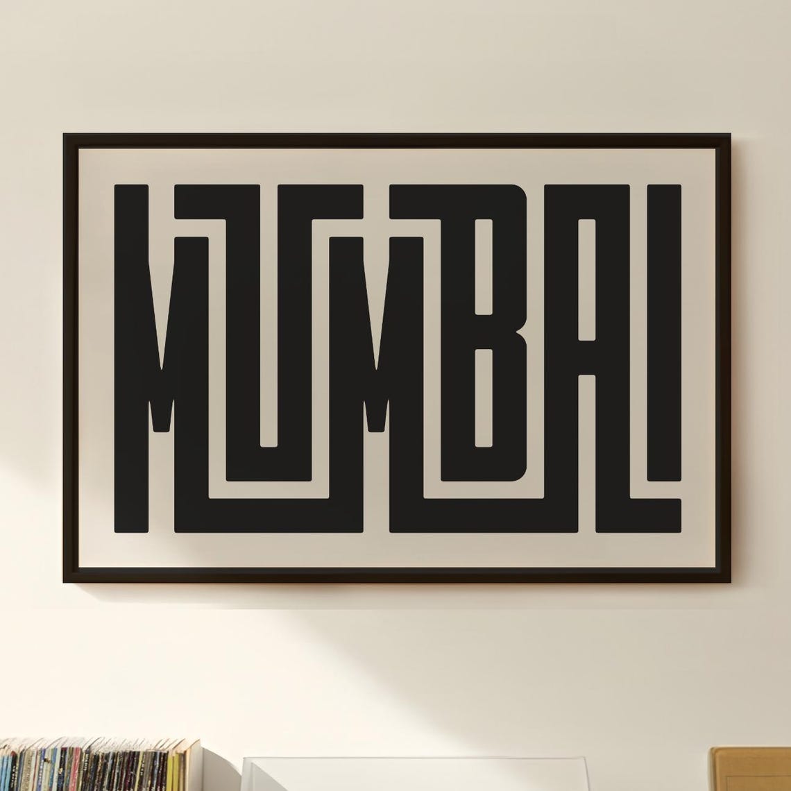 Striking Bold Mumbai Typography Minimalist Black and Cream Wall Art