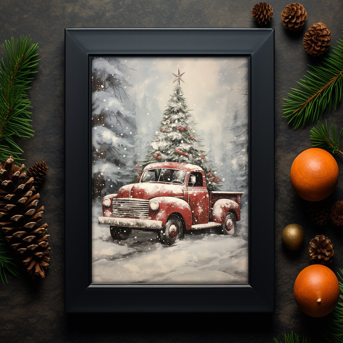 Red Vintage Truck Christmas Tree Snowy Road Retro Holiday Art Print - Image 5