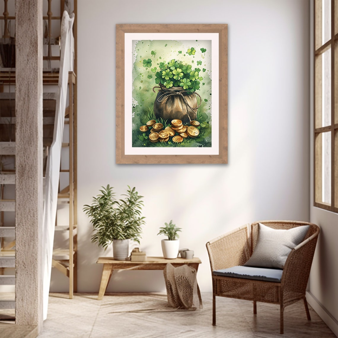 St Patricks Day Shamrock Sack Gold Coins Watercolor Lucky Print - Image 4