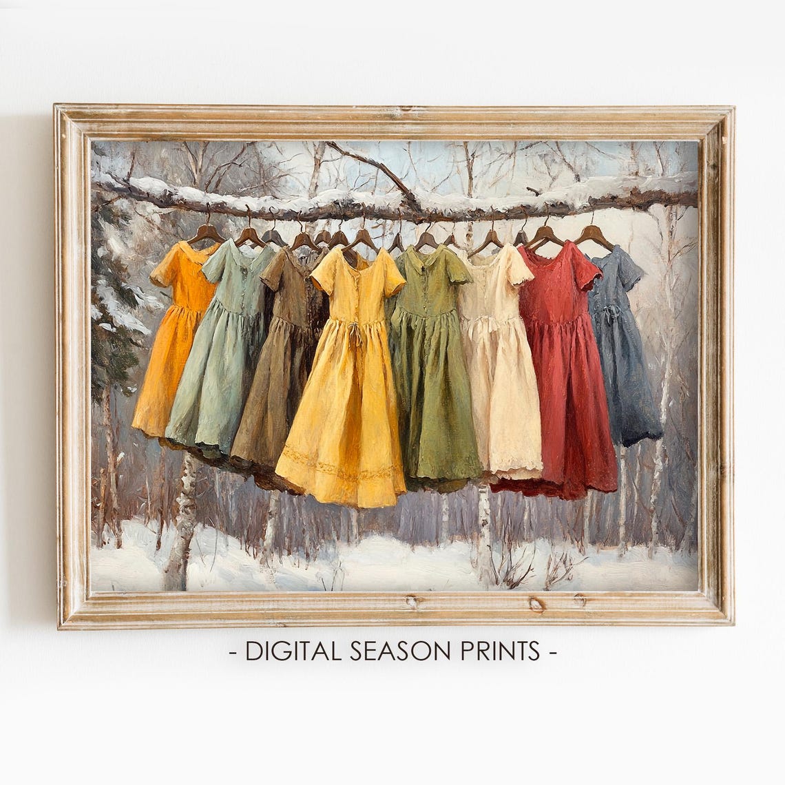 Colorful Dresses Hanging on a Snowy Winter Branch Rustic Art Poster