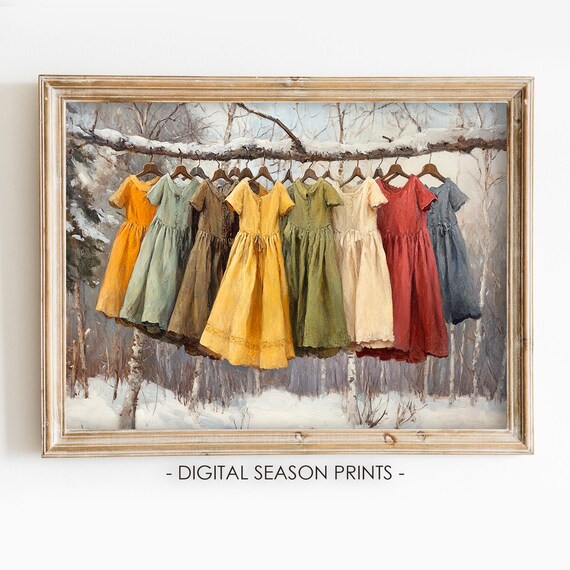 Colorful Dresses Hanging on a Snowy Winter Branch Rustic Art Poster