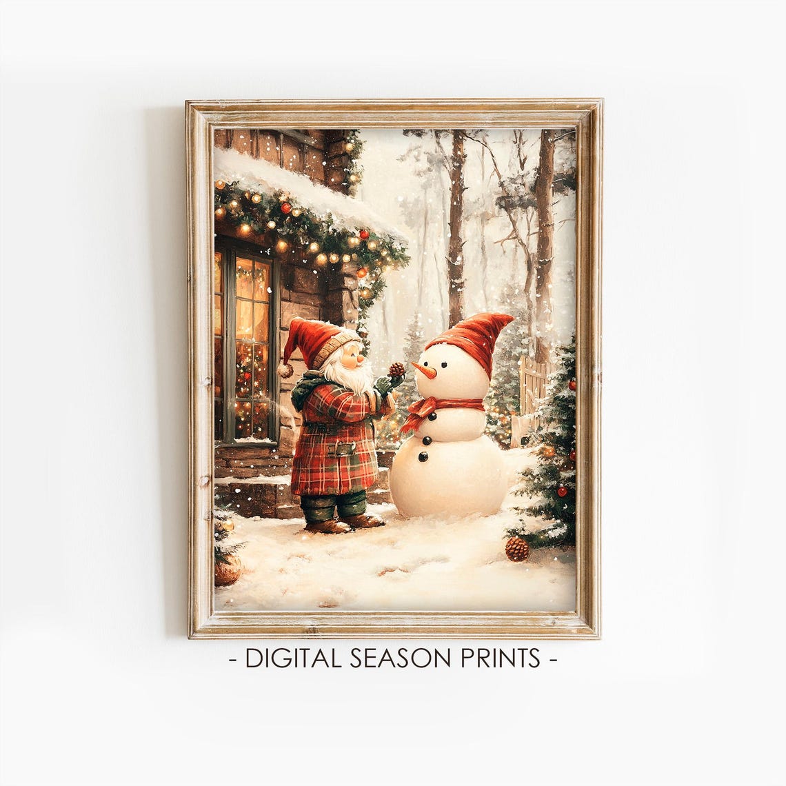 Christmas Gnome Decorating Snowman Outside Cozy Cabin Scene Poster