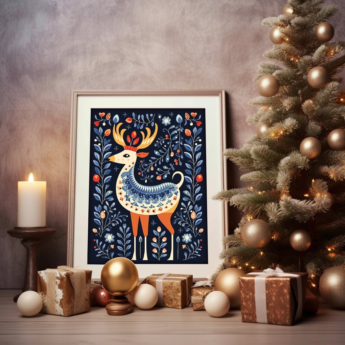 Scandinavian Folk Art Deer Navy Floral Nordic Holiday Animal Poster - Image 3