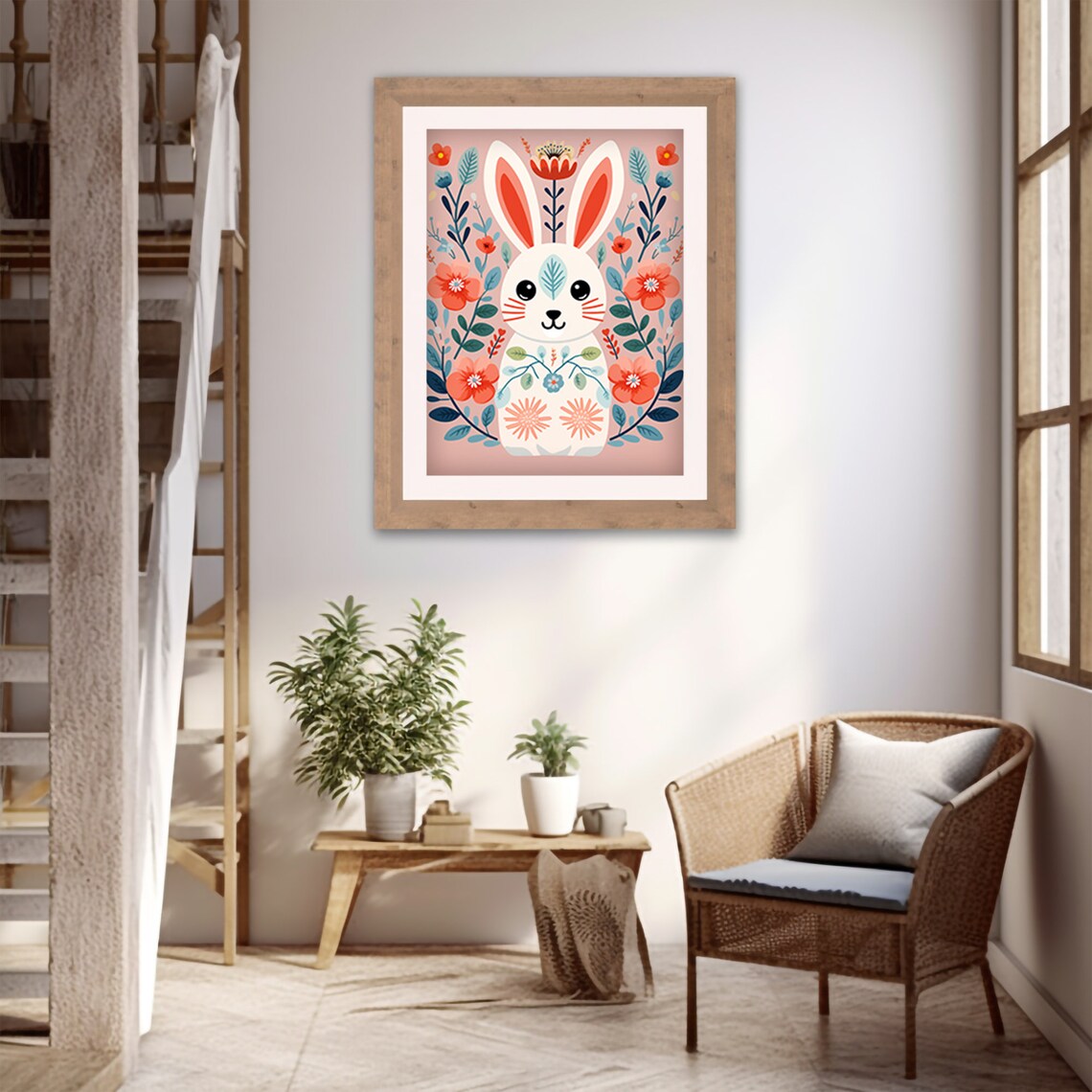 Cute Folk Art Bunny Rabbit Pink Floral Nursery Kids Room Art Print - Image 4