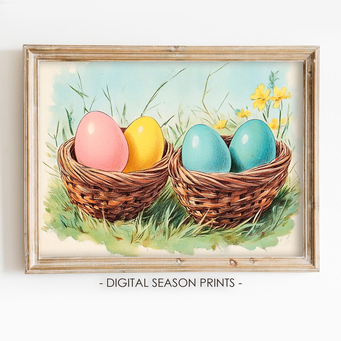 Colorful Easter Eggs In Wicker Baskets On Spring Grass Scene Poster