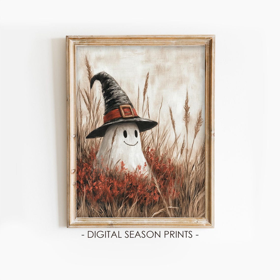Smiling Ghost in a Tall Witch Hat Standing in Autumn Grass Poster