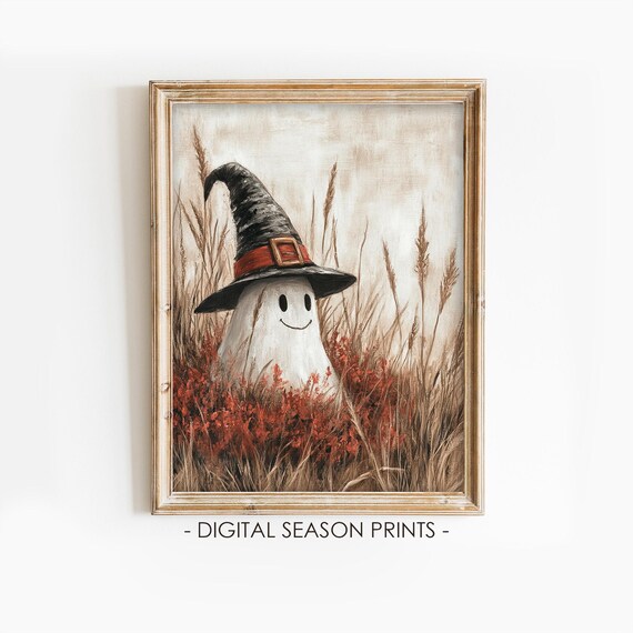 Smiling Ghost in a Tall Witch Hat Standing in Autumn Grass Poster