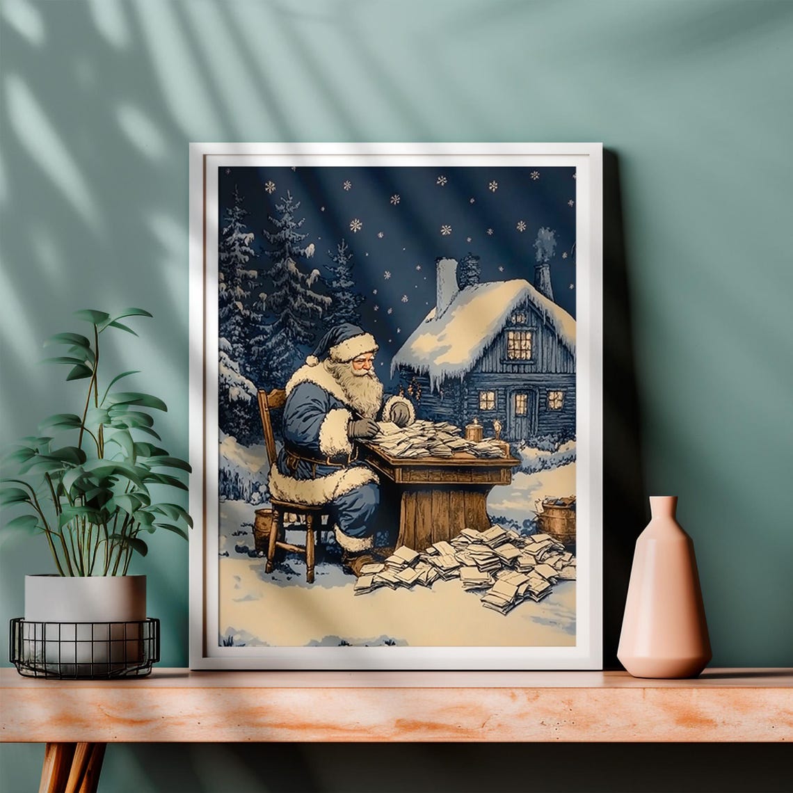 Vintage Santa Claus Reading Christmas Letters At Night Poster - Image 4
