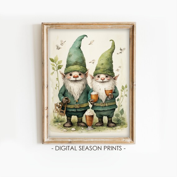 Two Cheerful Gnomes with Beer Mugs St Patricks Day Watercolor Poster
