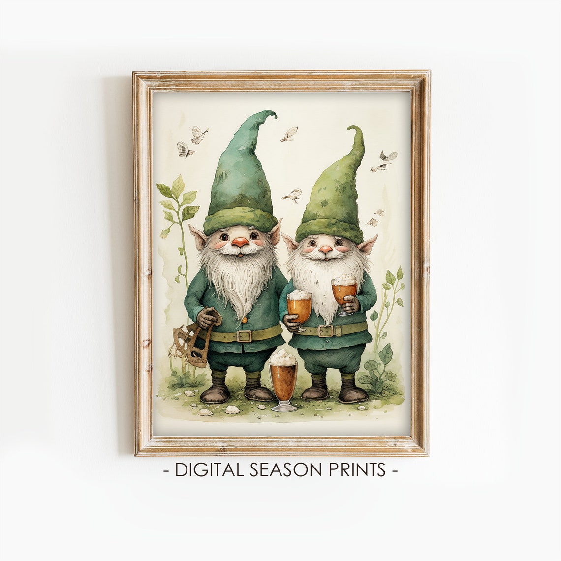 Two Cheerful Gnomes with Beer Mugs St Patricks Day Watercolor Poster