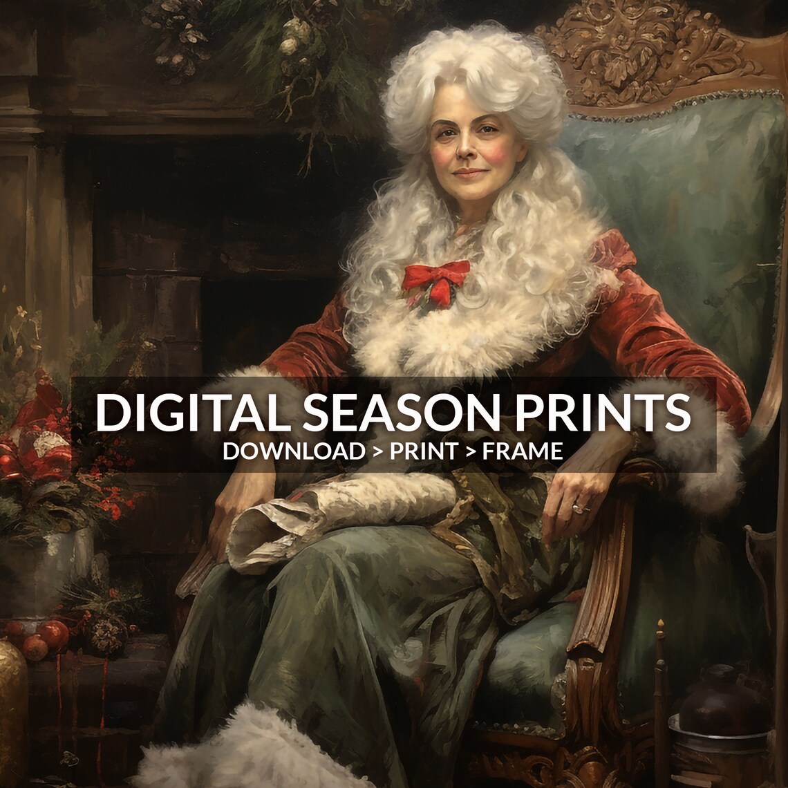 Mrs Claus Seated by a Decorated Fireplace Vintage Christmas Art Poster - Image 6