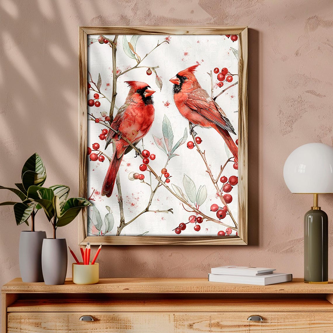 Two Red Cardinals on Berry Branch Watercolor Winter Birds Poster - Image 6