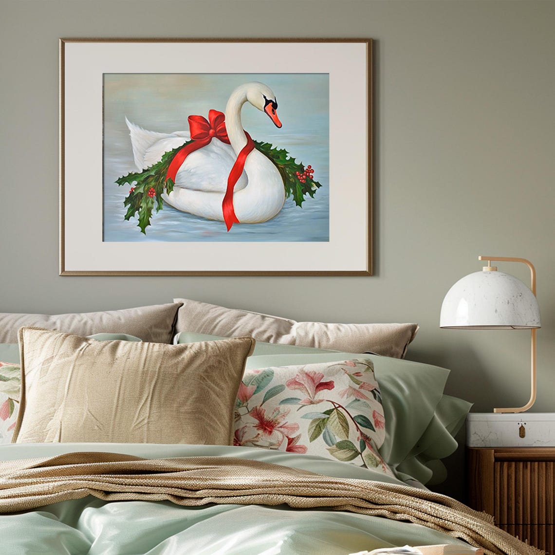 White Swan Holly Wreath Red Bow Elegant Christmas Bird Art Print - Image 3