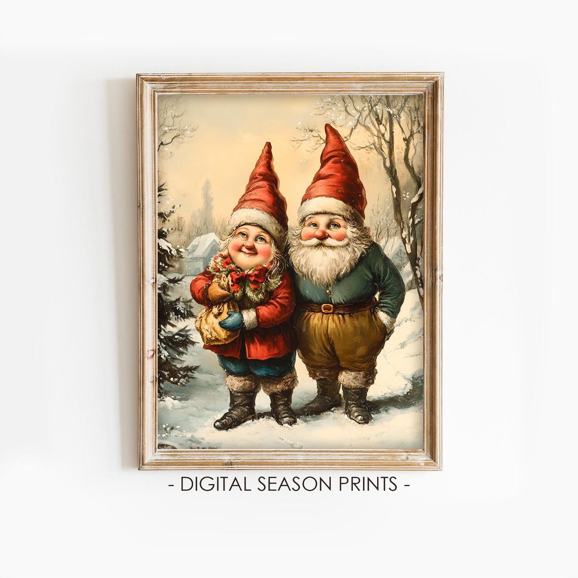 Two Vintage Christmas Gnomes in Snow Red Hats Holiday Poster