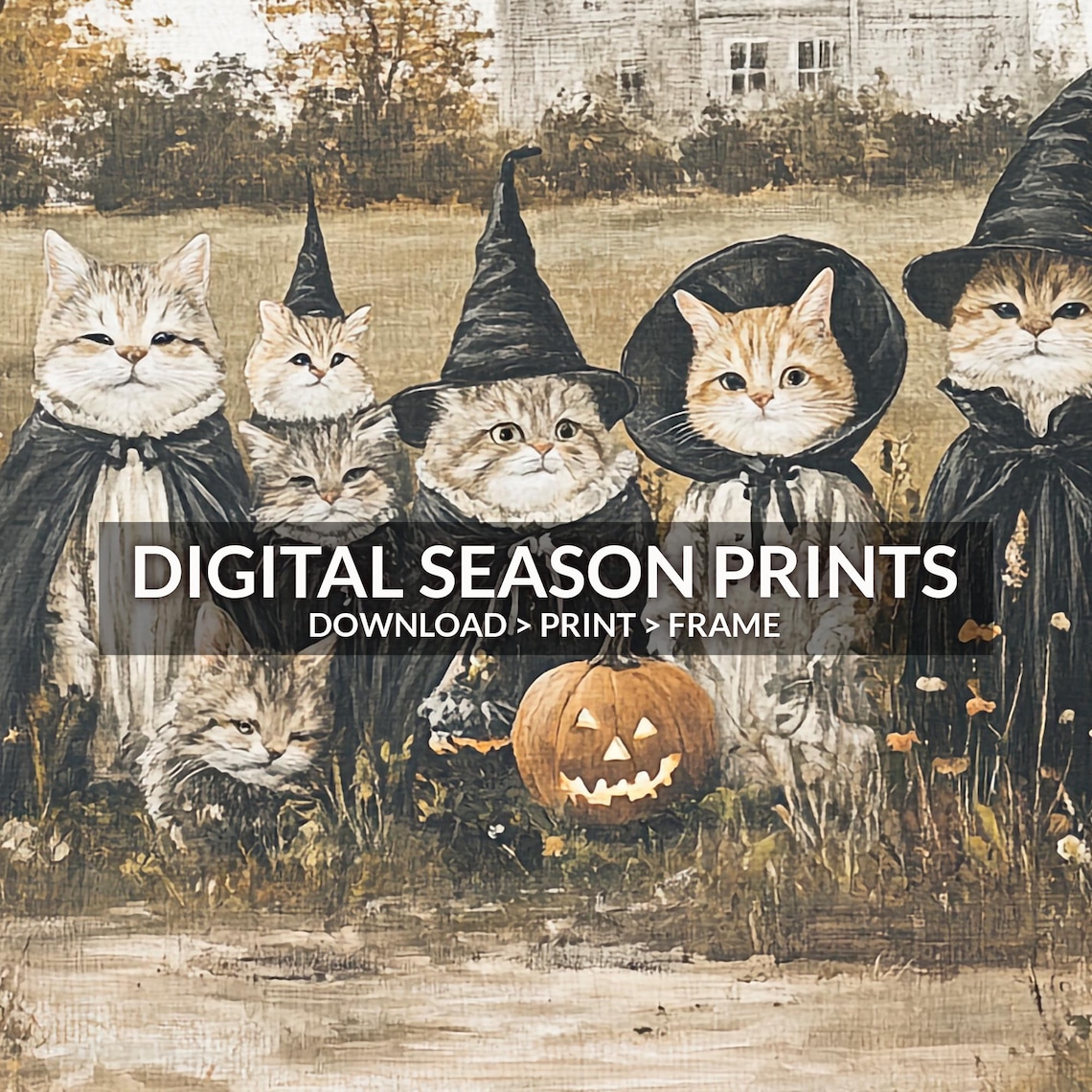 Cats Dressed as Witches with a Jack o Lantern Vintage Halloween Poster - Image 6