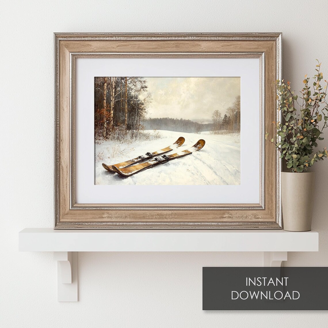 Vintage Wooden Skis Snowy Birch Forest Winter Scene Art Poster - Image 6