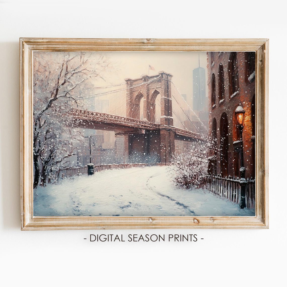 Brooklyn Bridge Snowy Street Lamppost Vintage Winter City Poster