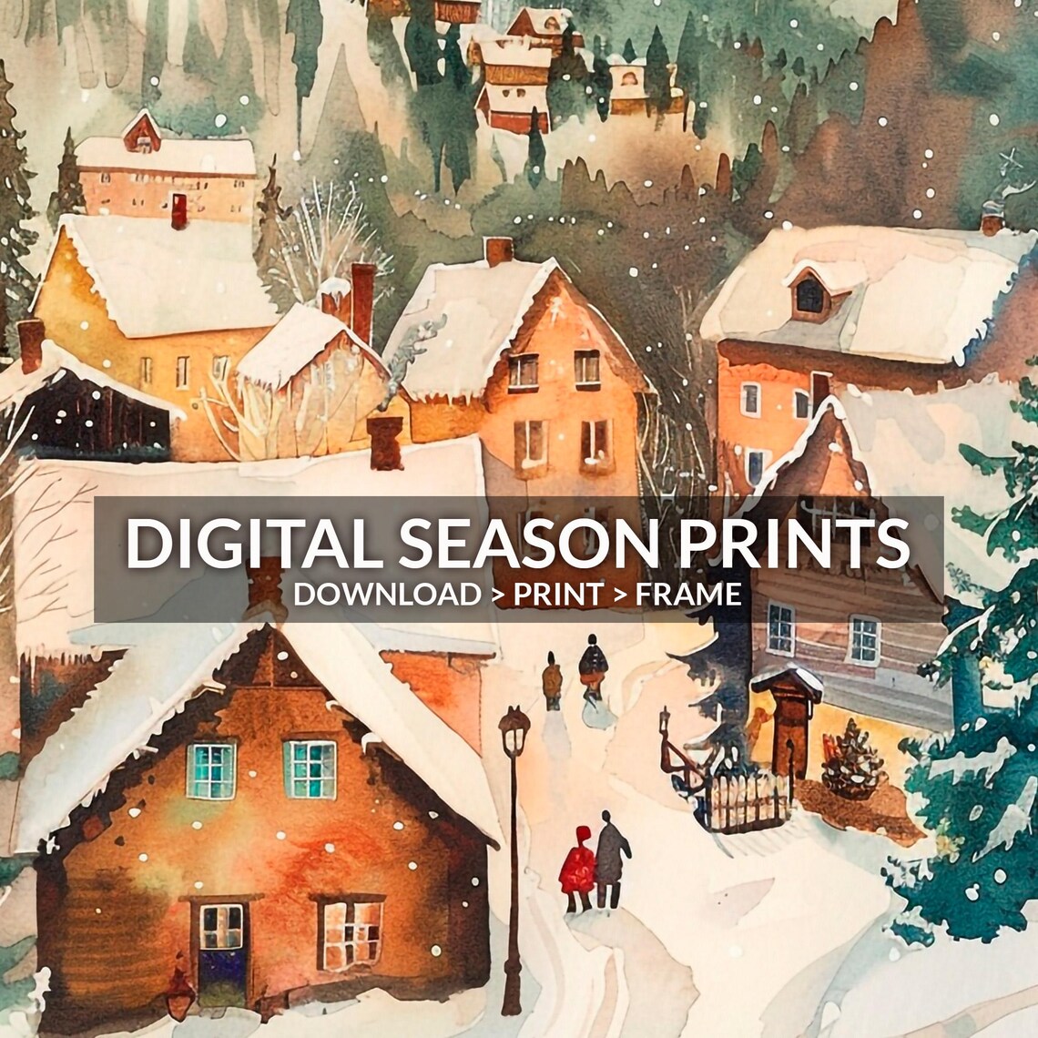 Snowy Christmas Village Watercolor Warm Houses Holiday Wall Art - Image 4