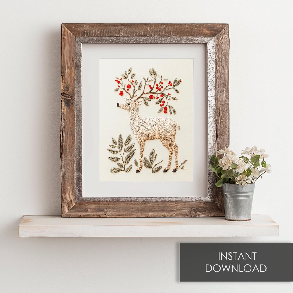 Embroidered White Deer Berry Antlers Winter Folk Textured Art Poster - Image 6