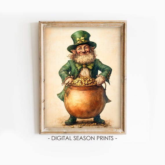 Leprechaun With Pot Of Gold Print Vintage St Patricks Day Decor Rustic Irish Painting