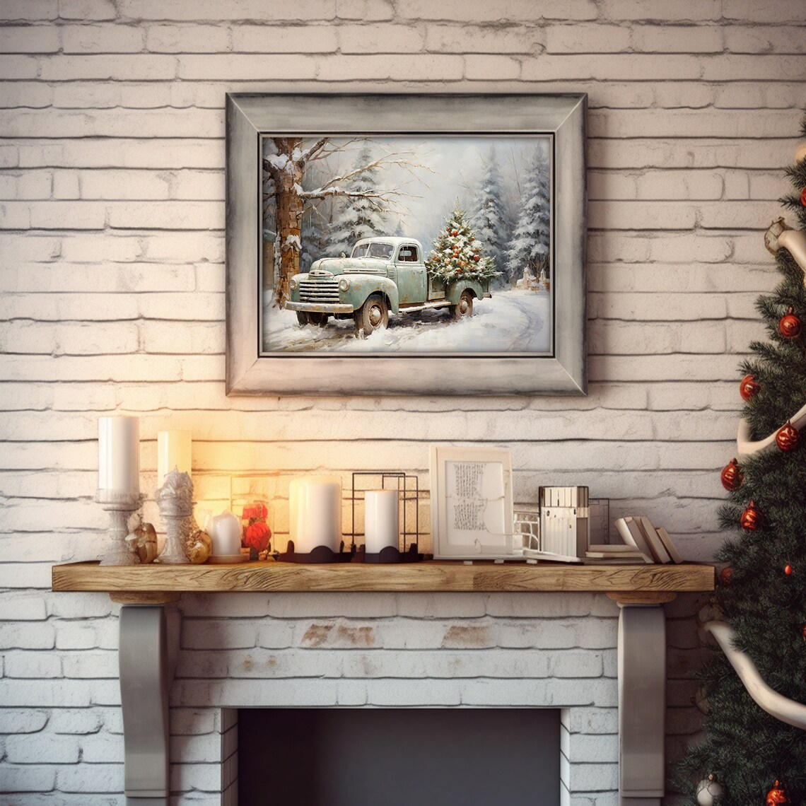 Vintage Pickup Truck Hauling Christmas Tree Snowy Winter Road Poster - Image 4