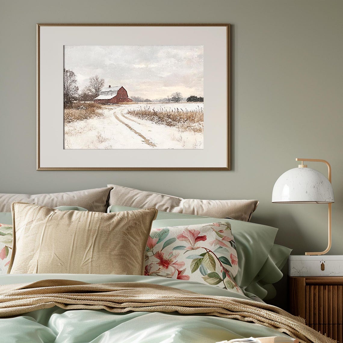 Winter Red Barn Snowy Field Farmhouse Countryside Landscape Poster - Image 5