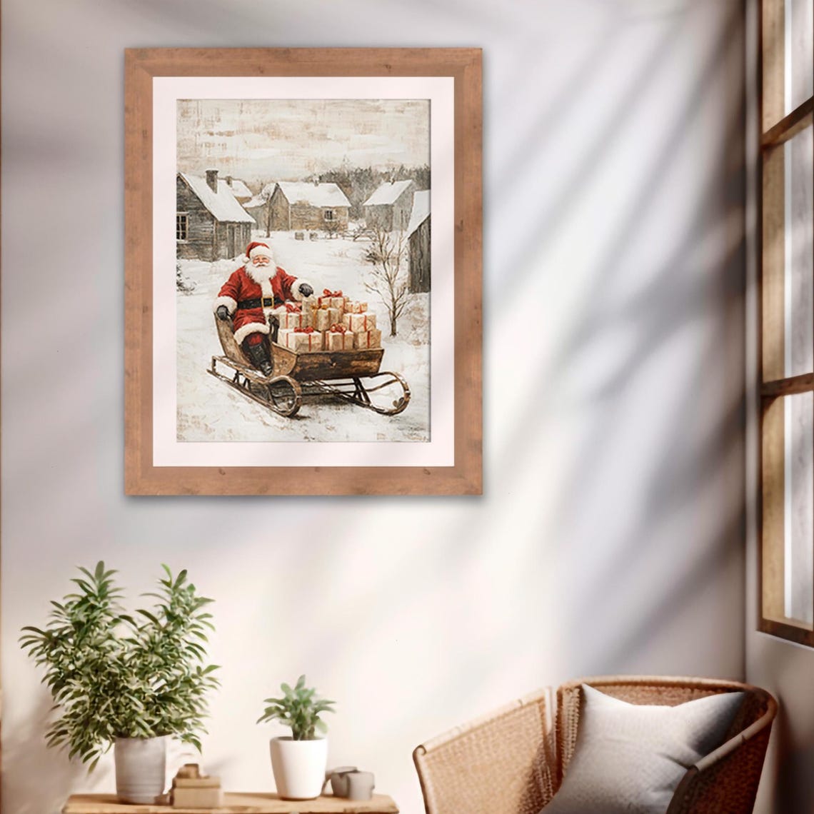 Santa Claus On A Gift Loaded Sleigh In A Snowy Village Poster - Image 2