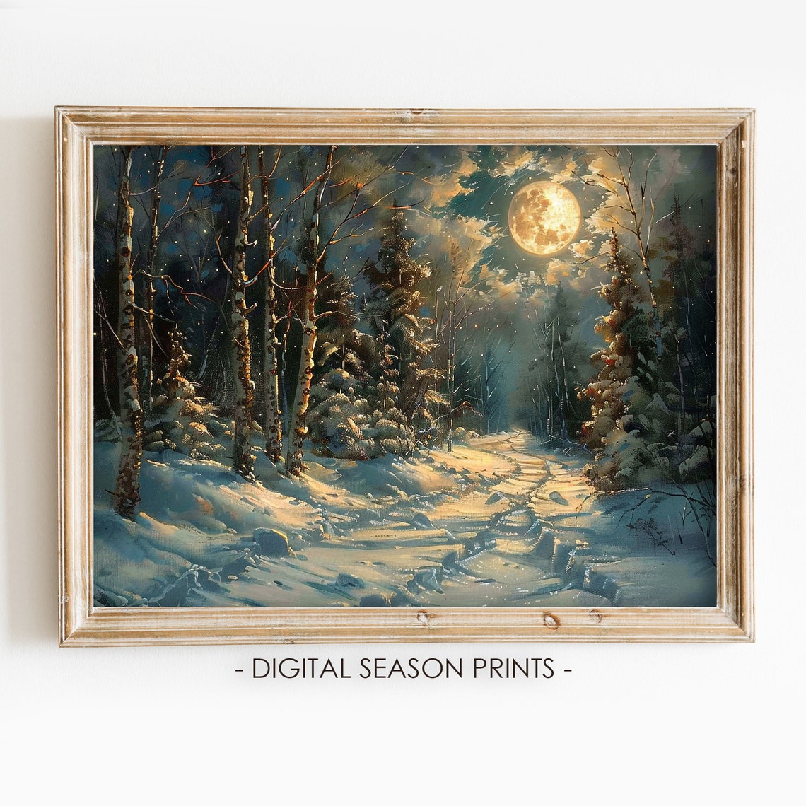 Glowing Full Moon Over A Snowy Winter Forest Trail Scene Poster