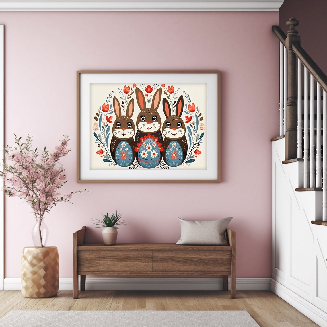 Scandinavian Folk Art Bunny Rabbits Floral Easter Animals Poster - Image 4