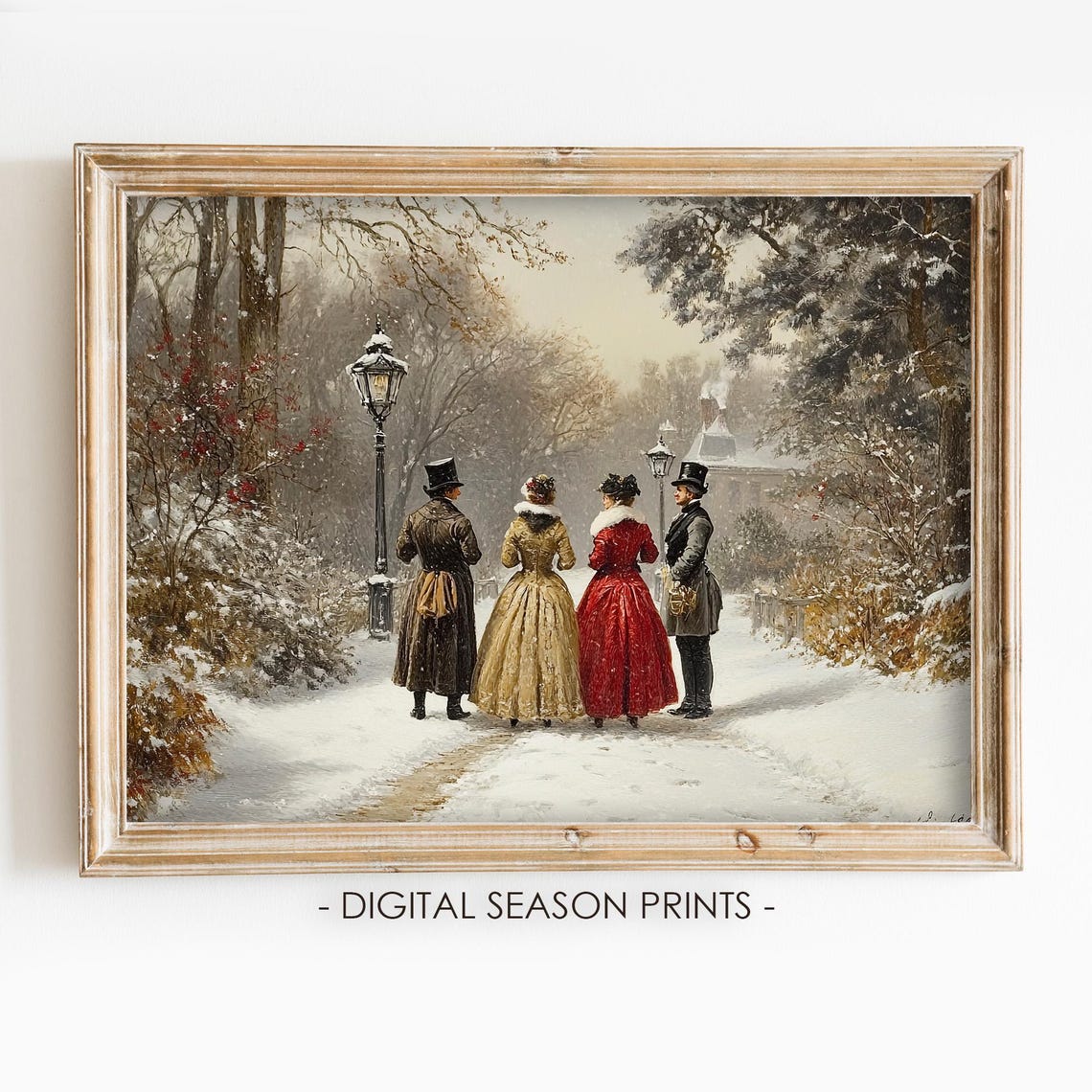 Victorian Couples Winter Stroll Snowy Park Antique Christmas Art Print
