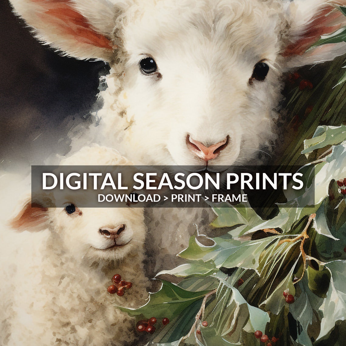 Sweet Lamb and Ewe among Holly Berries on Dark Christmas Poster - Image 6