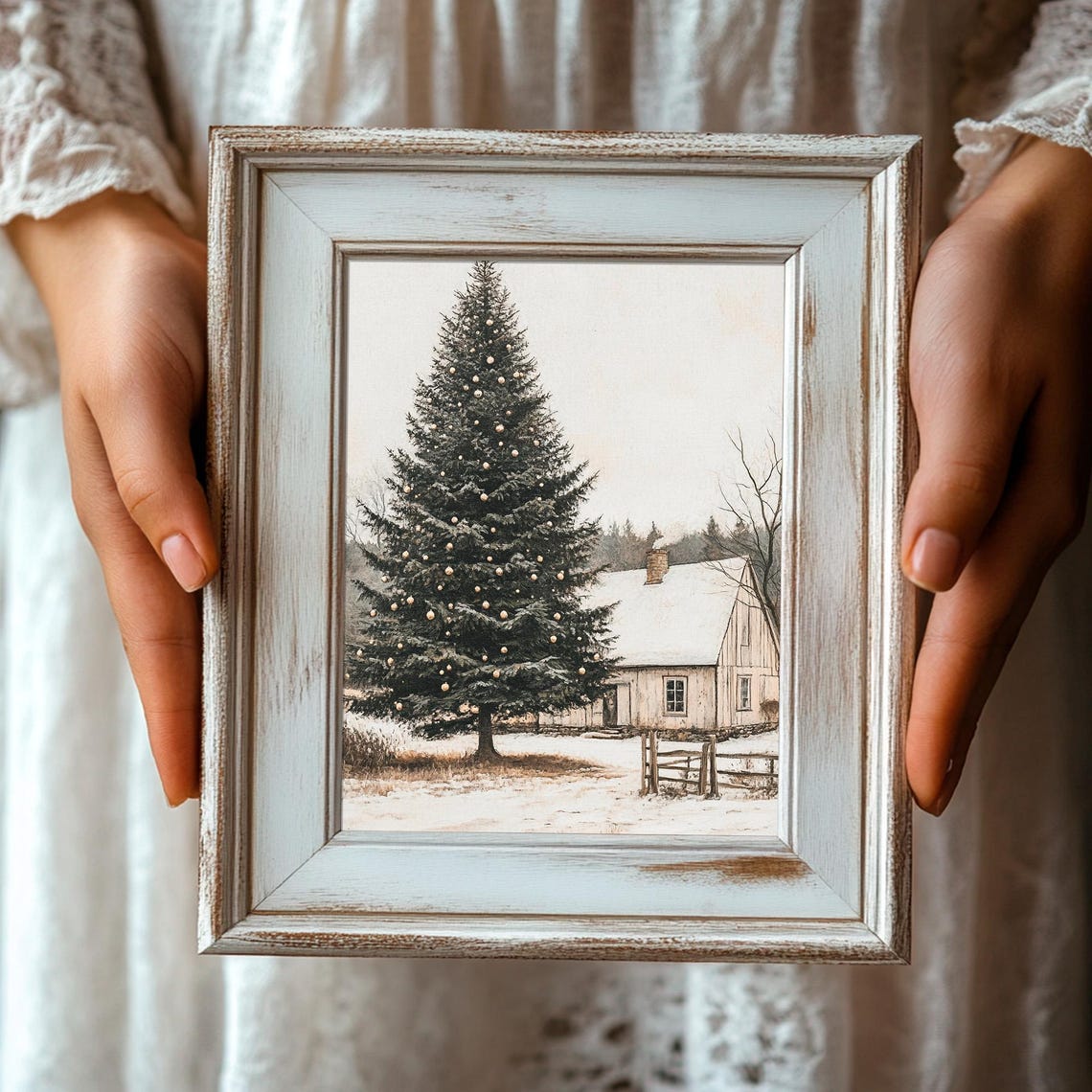 Rustic Cabin with a Tall Decorated Christmas Tree in Snow Poster - Image 3