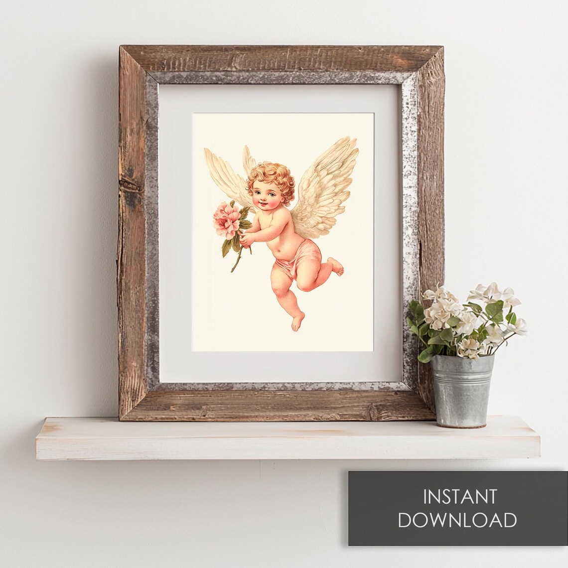 Cupid Cherub Holding Pink Flower Vintage Valentines Day Print - Image 6