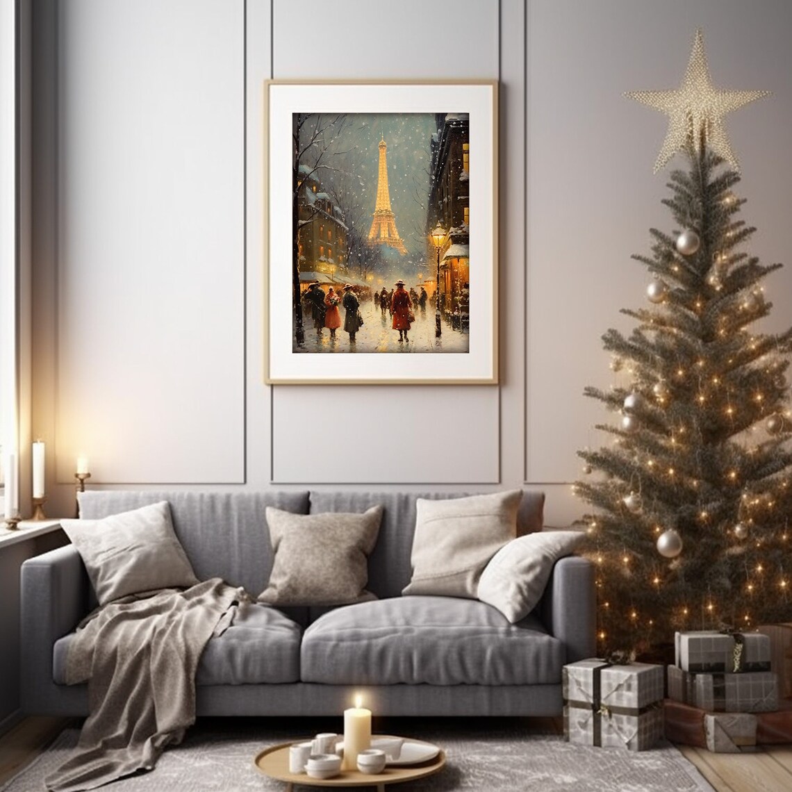 Snowy Paris Street With Glowing Eiffel Tower At Night Vintage Style Poster - Image 5