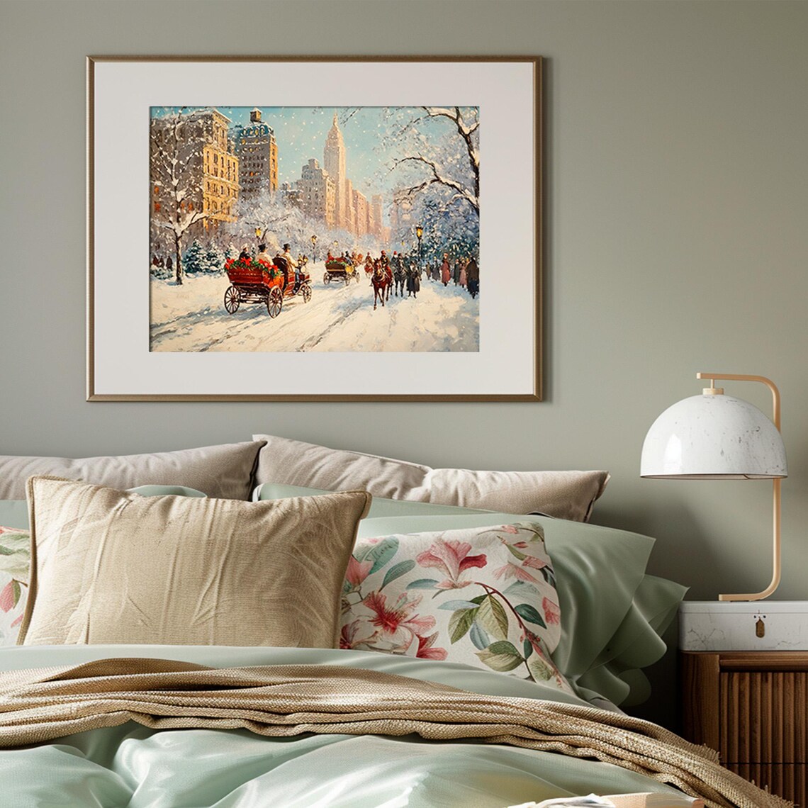Vintage Snowy City Street Horse Carriages Christmas Painting Poster - Image 3