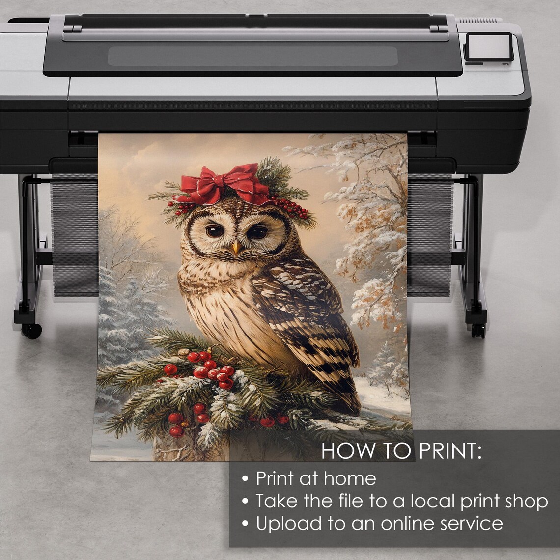Christmas Owl With Red Bow And Berries Snowy Vintage Winter Print - Image 5