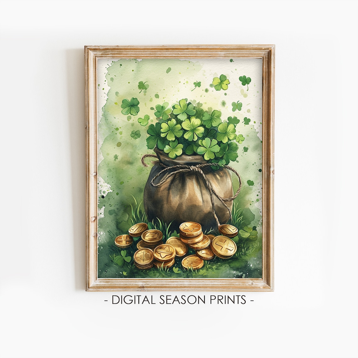 St Patricks Day Shamrock Sack Gold Coins Watercolor Lucky Print