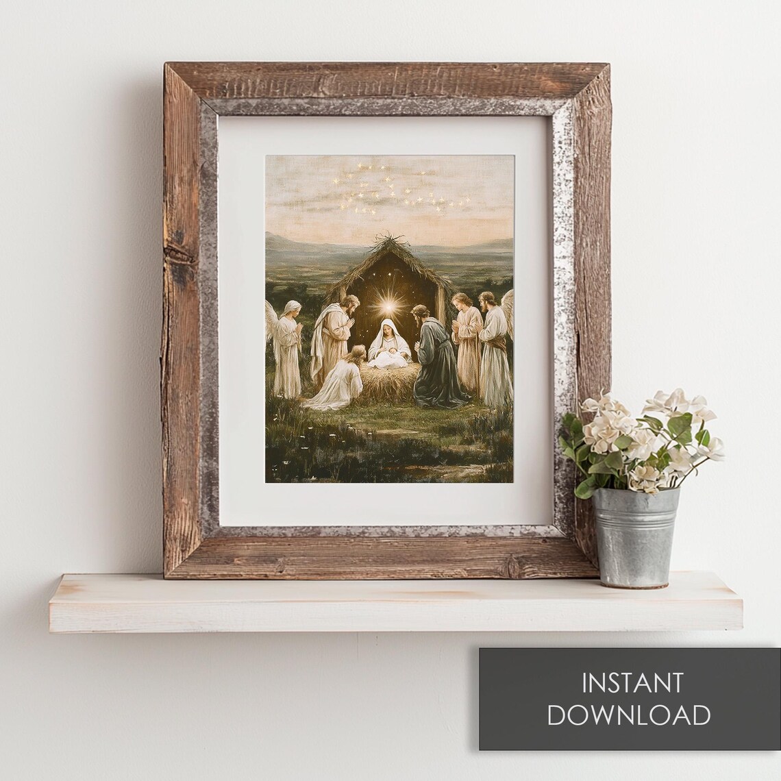 Vintage Nativity Scene Starry Night Oil Painting Christmas Art Print - Image 6