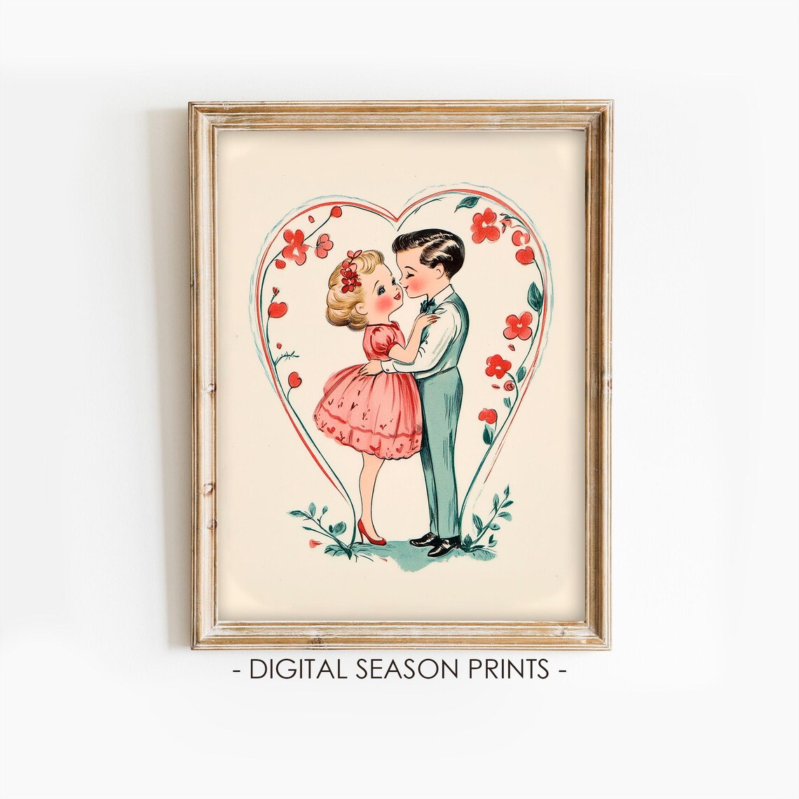 Retro Couple Kissing Inside Floral Heart Vintage Valentines Print