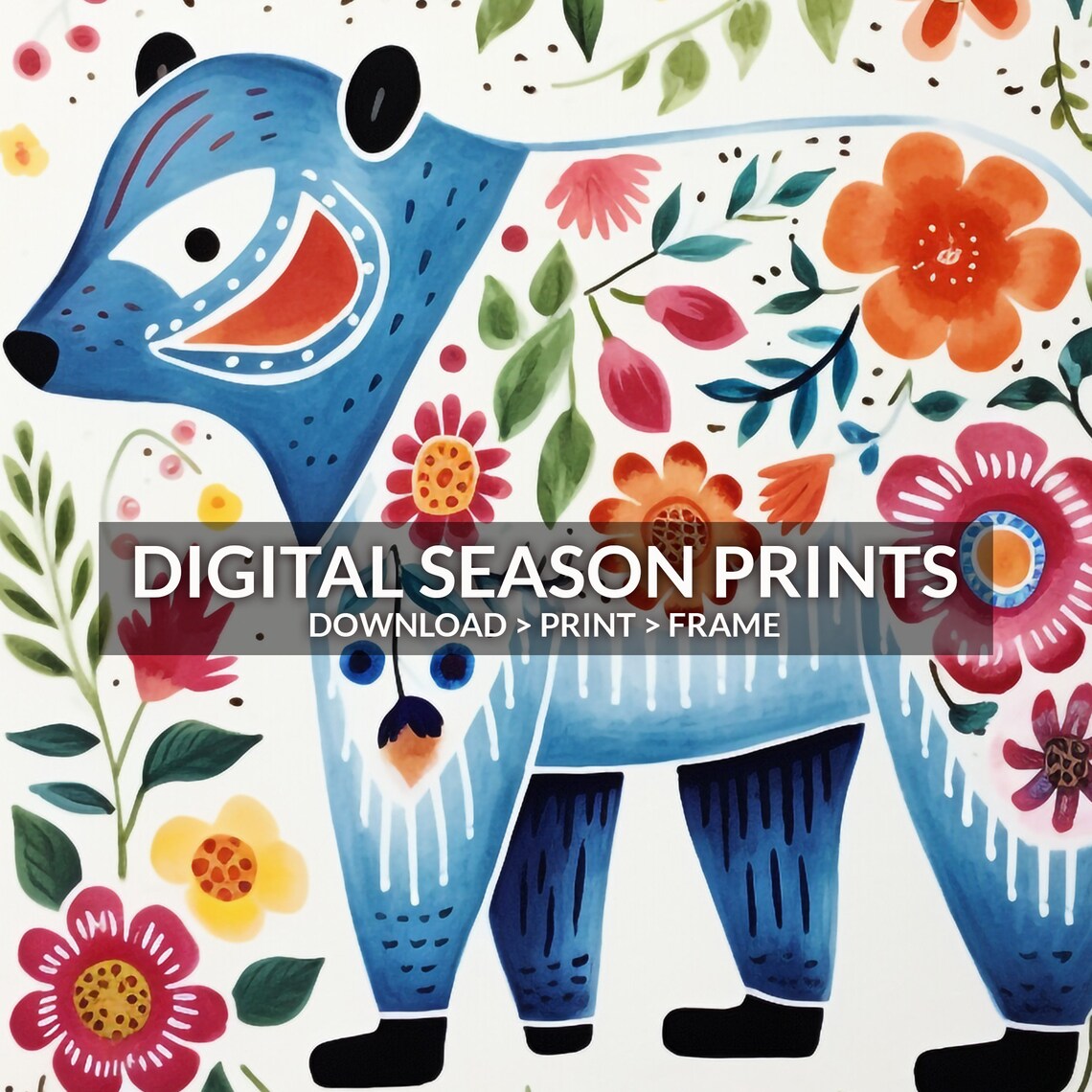 Scandinavian Folk Art Blue Bear Flowers Nordic Style Animal Poster - Image 6
