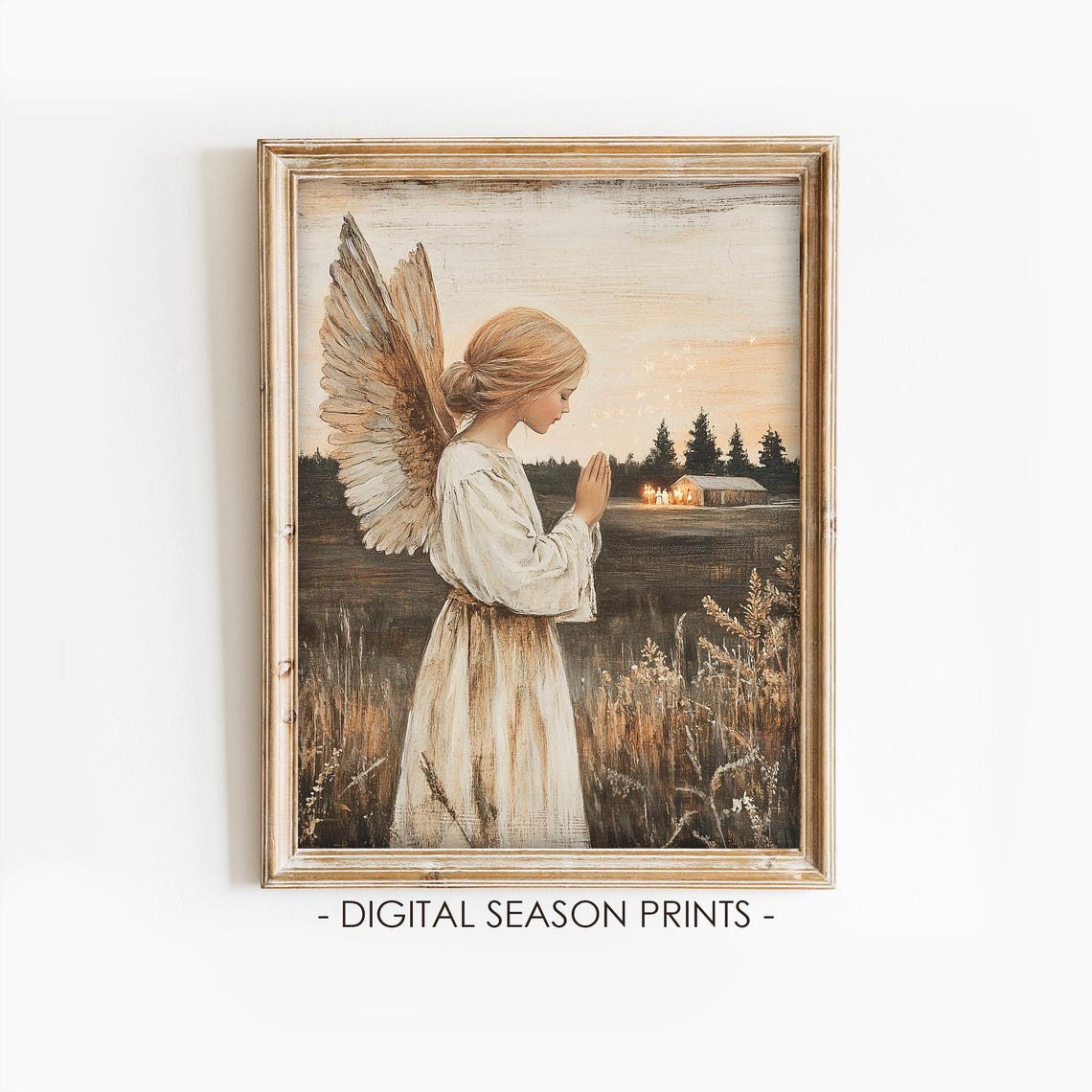Vintage Christmas Angel Praying in Wheat Field Rustic Painting Poster