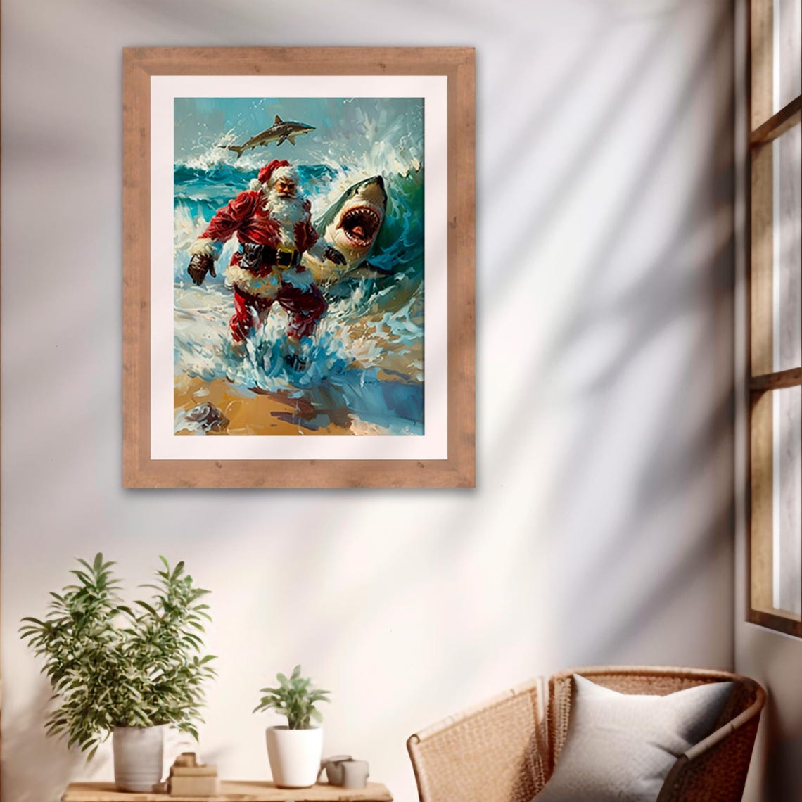 Funny Santa Running From Sharks Tropical Beach Christmas Print - Image 2