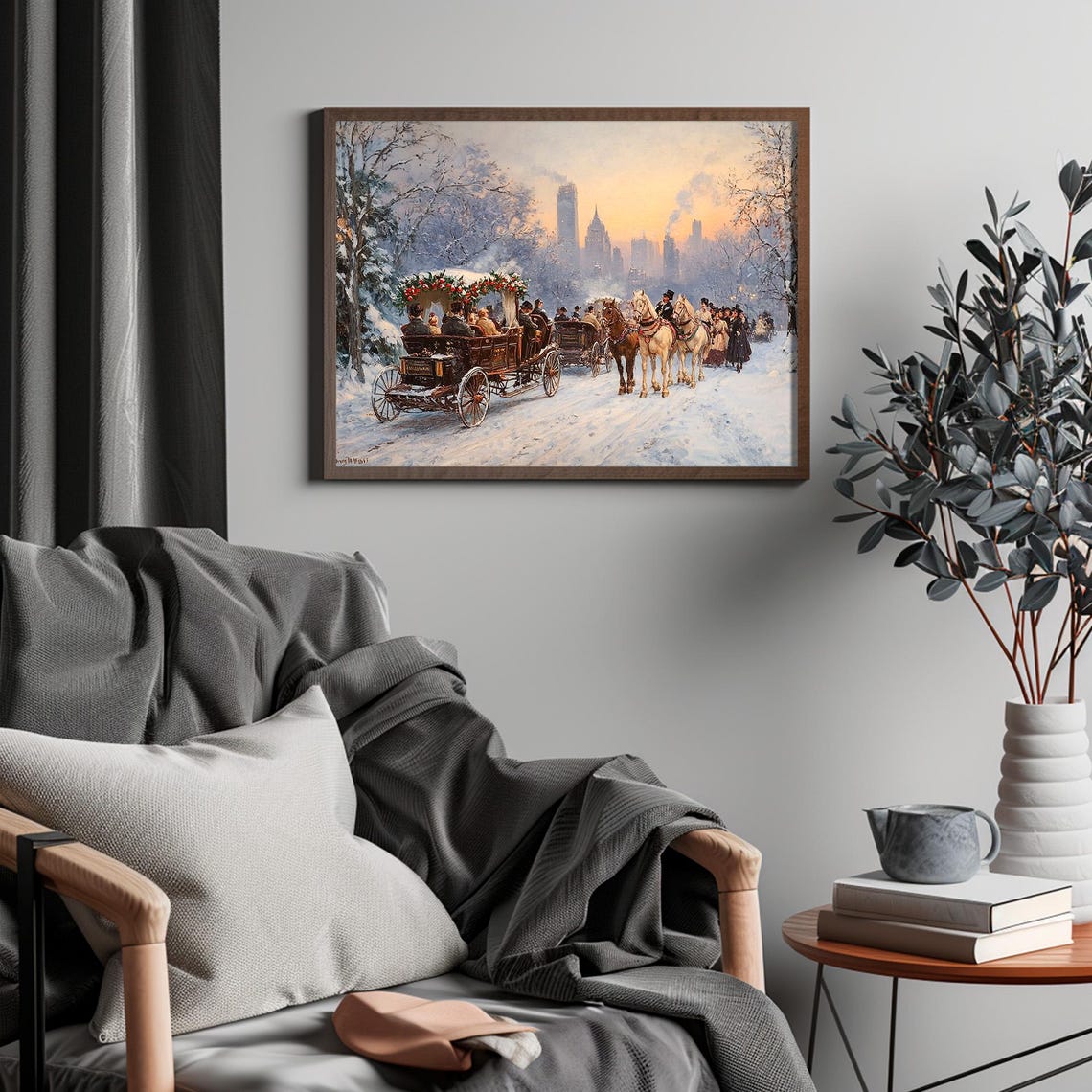 Vintage Winter City Park With Horse Carriages At Sunset Snow Poster - Image 4