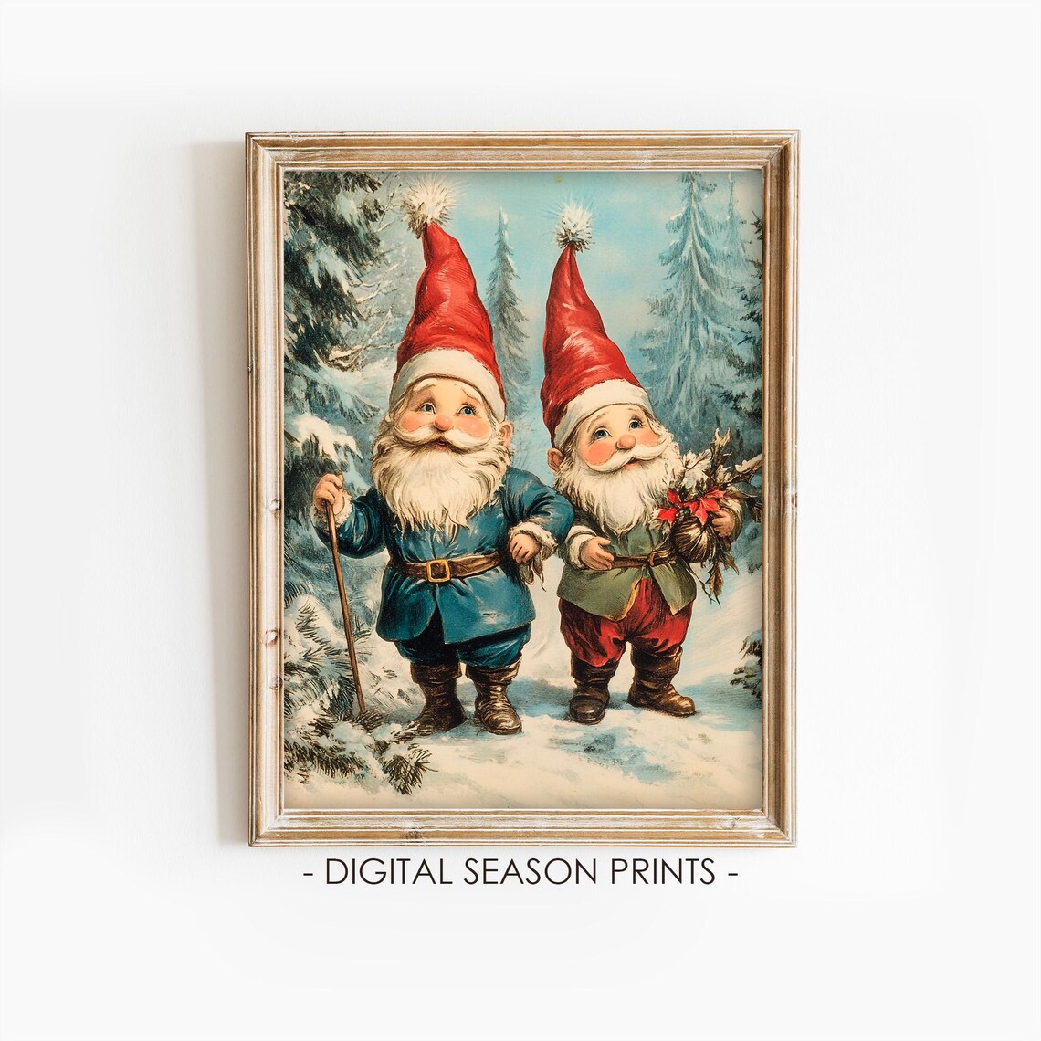 Two Vintage Christmas Gnomes Walking In A Snowy Forest Poster