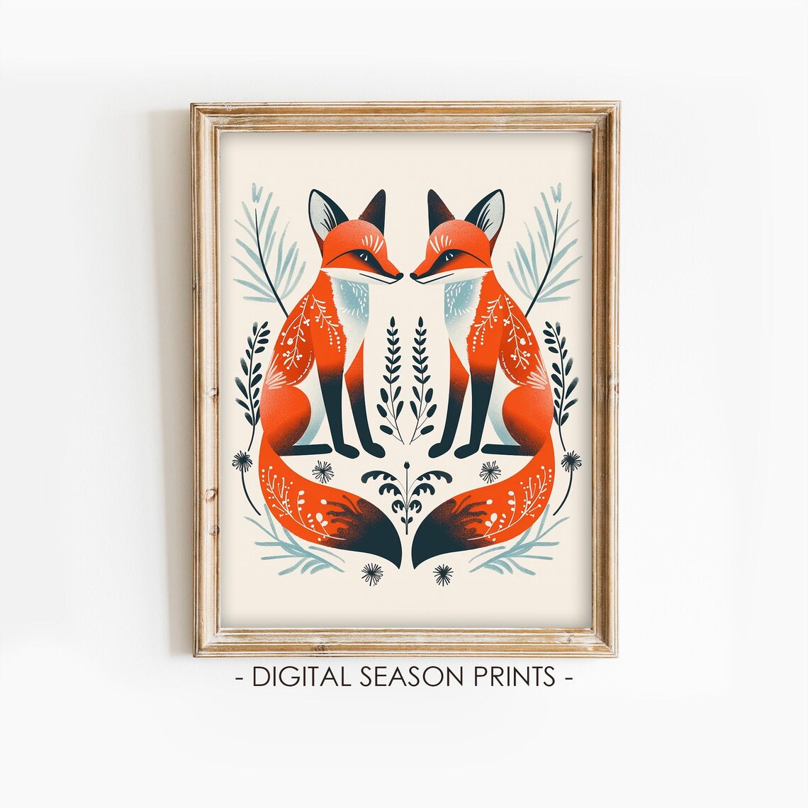 Pair of Mirrored Red Foxes Scandinavian Folk Art Animal Print