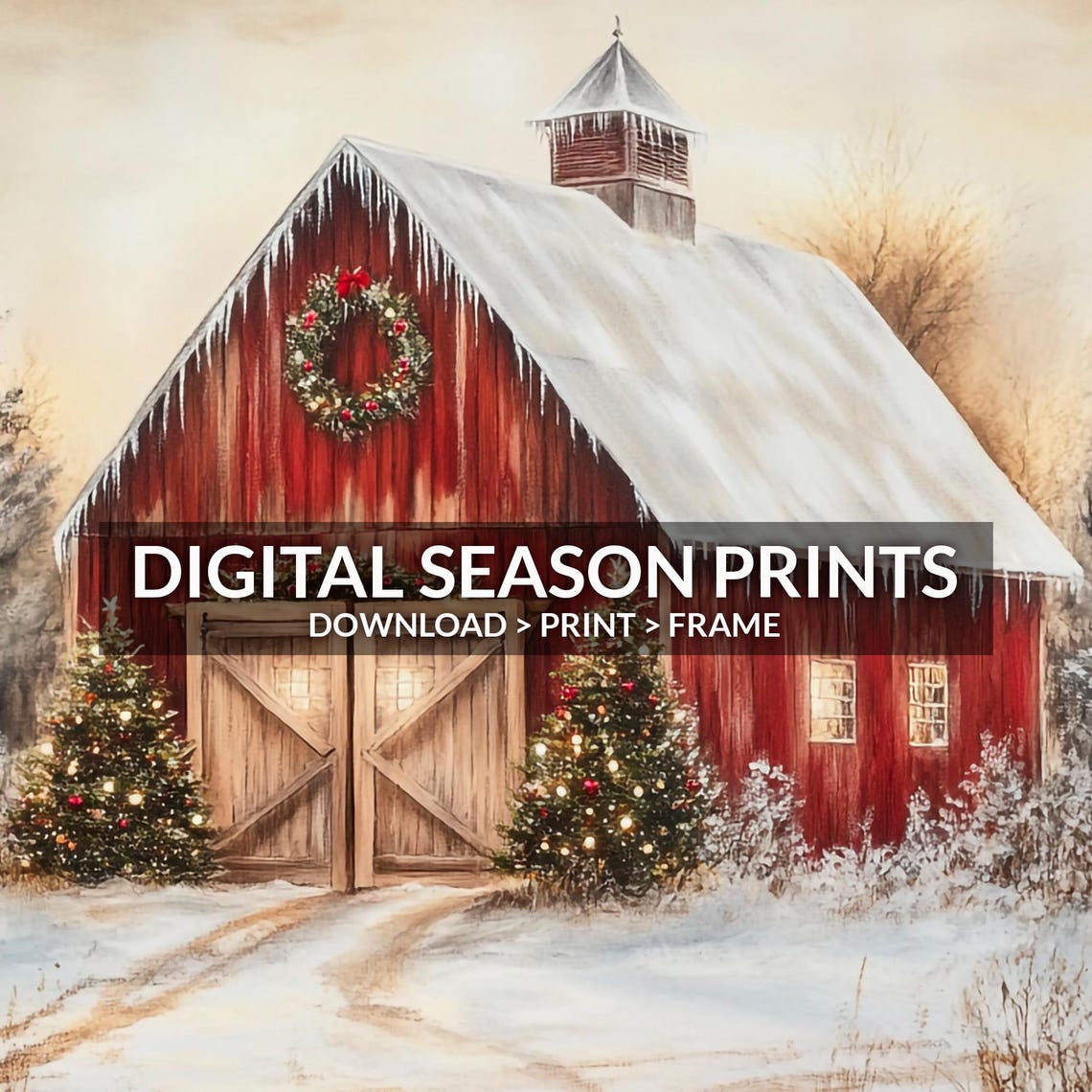 Red Barn Snowy Christmas Farmhouse Winter Wonderland Art Print - Image 4