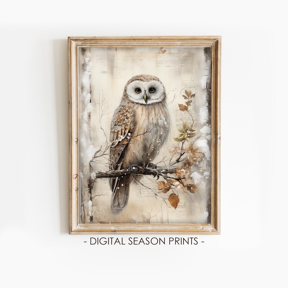 Vintage Winter Owl Perched On A Snow Dusted Branch Painting Poster